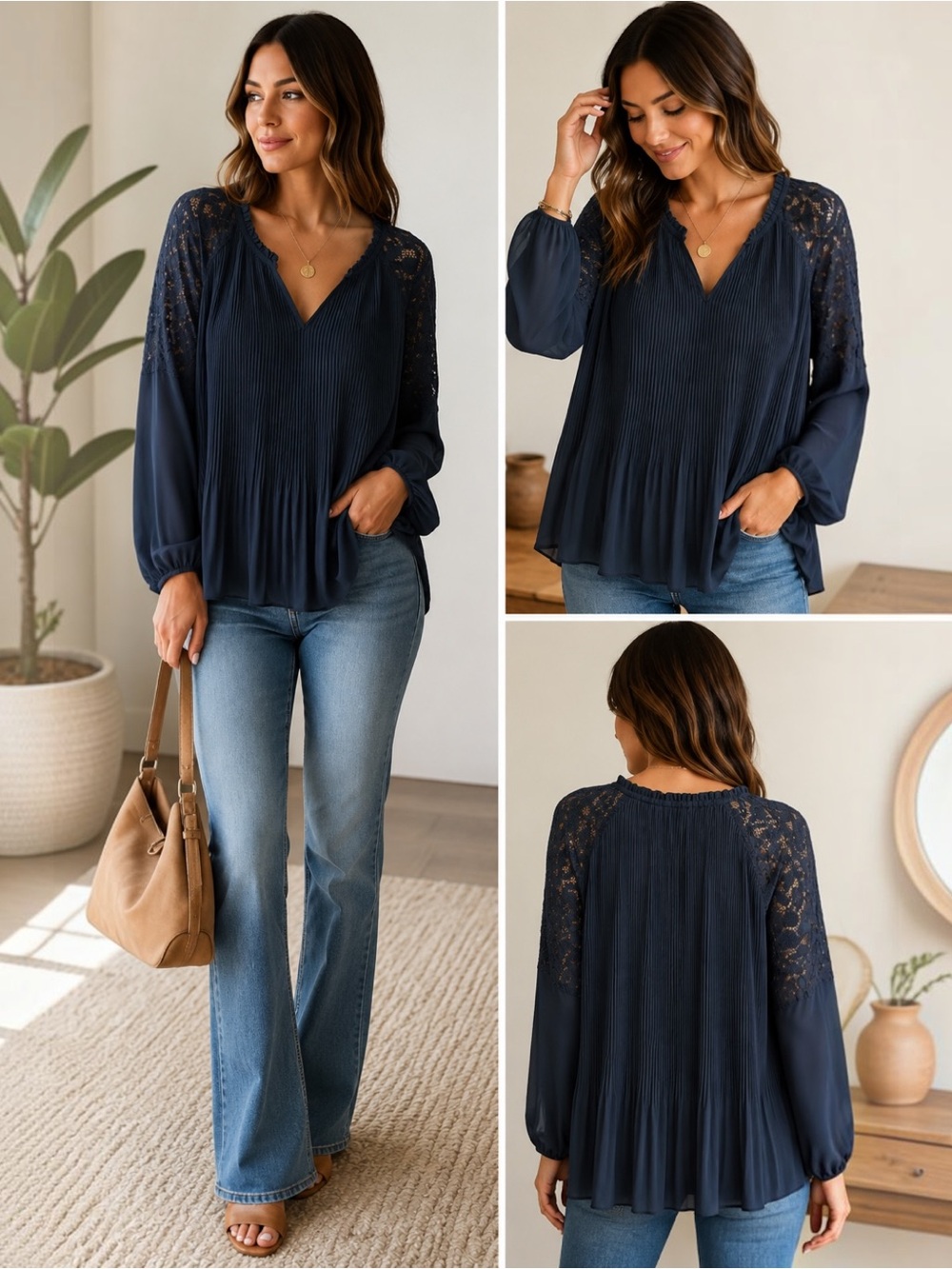 Knox Rose XXL 2X Navy Blue Pleated Lace Shoulder V Neck Boho Blouse